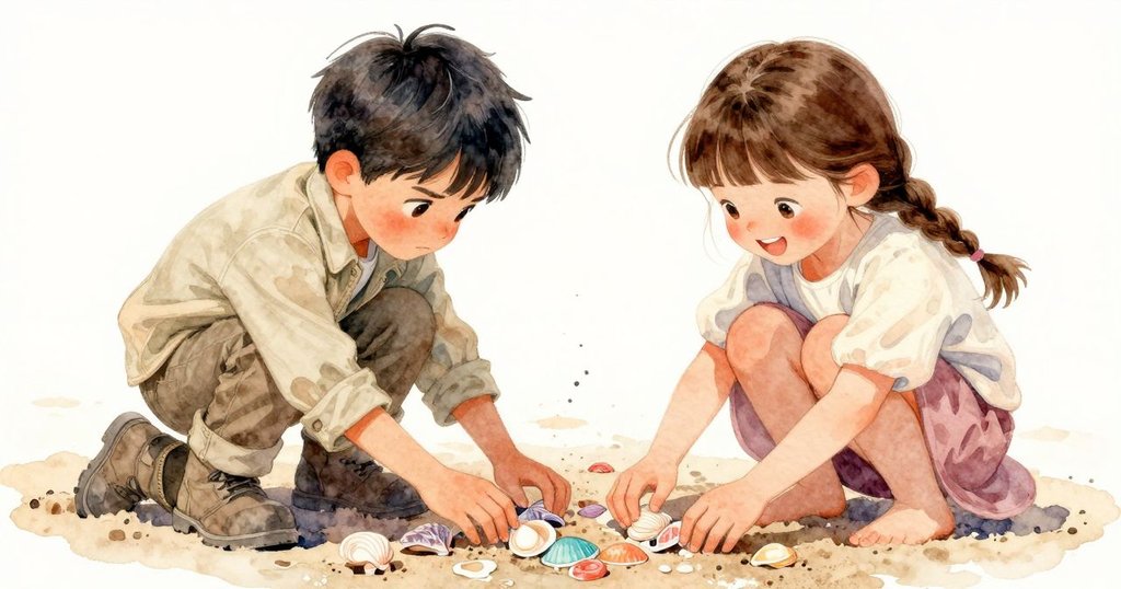 多利安蹲下在潮濕沙灘上,細心擺放貝殼與海玻璃,手部動作專注,展現創意與自然光澤。