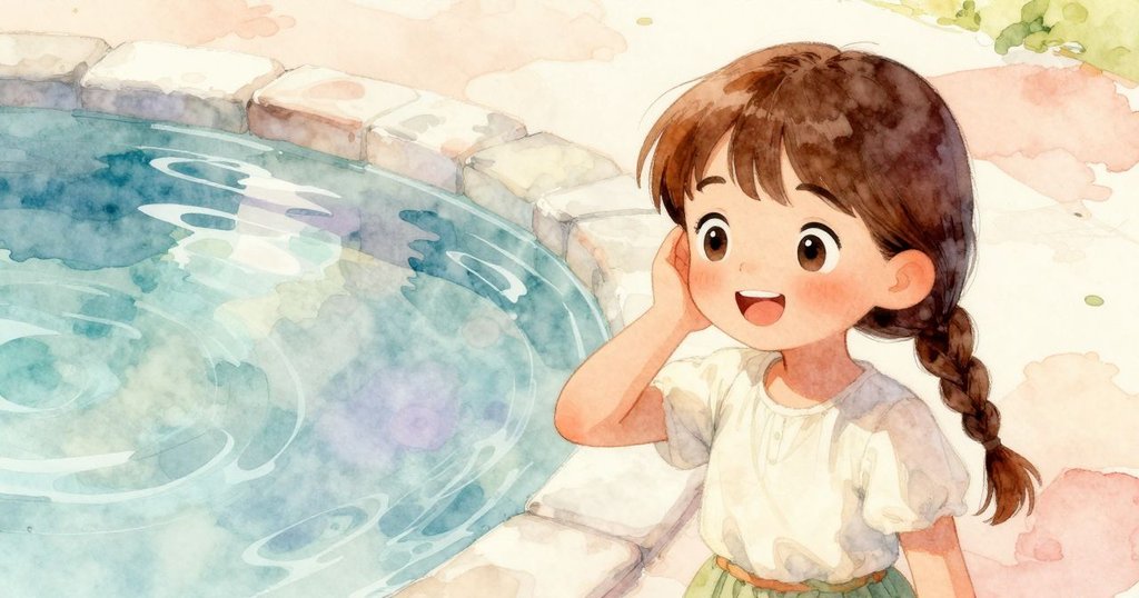 艾瑪以主觀視角看近淺池,拱手聆聽水聲,神情好奇,陽光明媚映照池面,背景溫暖悠遠。