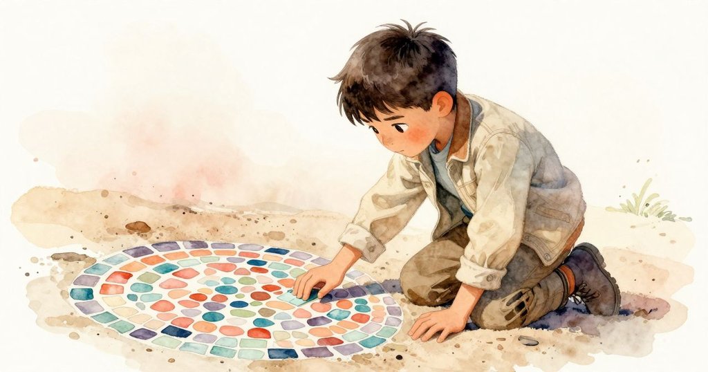 多利安蹲於沙灘前,溫柔拂去覆蓋在馬賽克上的細沙,色調記憶淡雅,回憶與現實交錯。