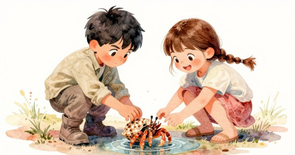 艾瑪興奮地指著近淺池邊的寄居蟹,多利安跟隨笑聲共享快樂,情景活潑且充滿自然韻味。