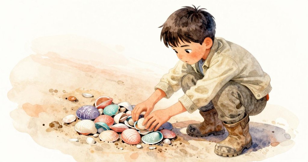 多利安沿著足跡回至馬賽克旁,專注地將扇貝殼嵌入圖案中,微風吹拂,海聲遠傳,情境圓滿。