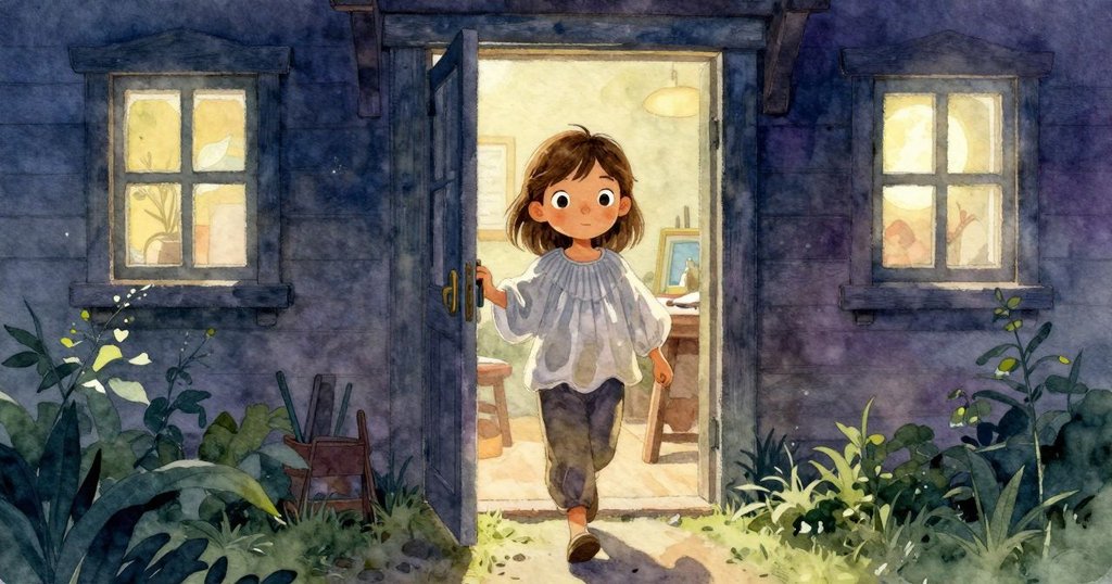 莎拉在工坊門前準備開始創作，夜色中展示工業風建築，神情專注迎接新一天。