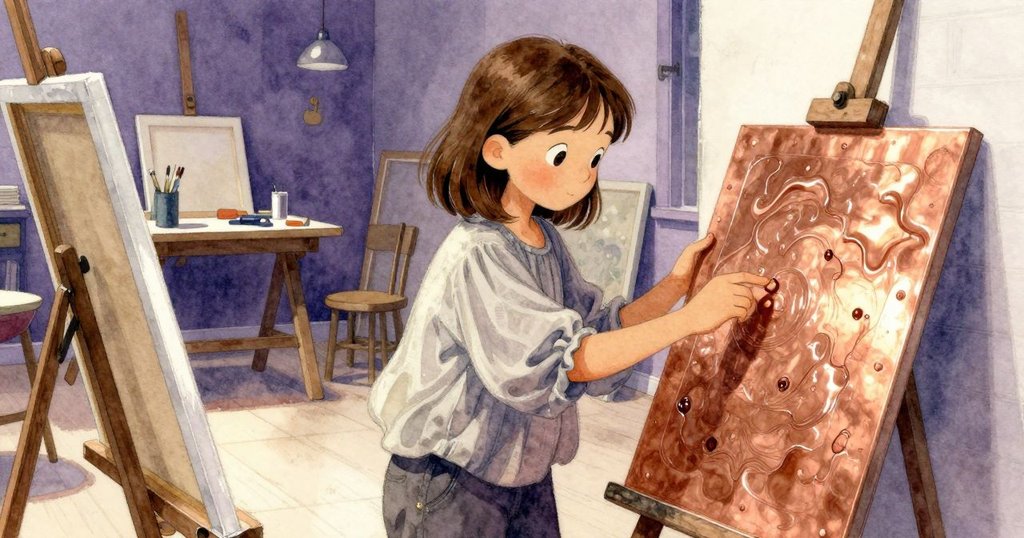 莎拉在工作台前專注觀察銅版細節，空間留白襯托出靜謐創作氛圍，展現內心專注。