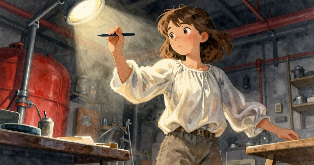 從低角度看，莎拉專注地操作工具，動作流暢，背景中的印刷機突顯工坊創作氛圍。