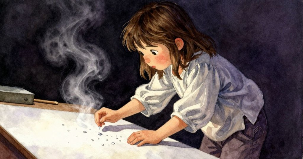 莎拉靜觀水珠在紙上滑落與蒸氣交織，細膩的工坊工作台呈現出神秘而柔和的光影變化。