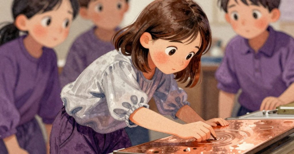 細緻特寫中，莎拉輕觸銅板，神情複雜展現掙扎與決心，背景柔和模糊突顯內心情感。