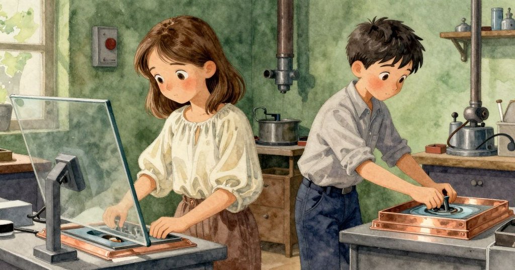 哈特利正小心翼翼將銅板放入酸浴中，莎拉透過玻璃屏注視，現場充滿創作高潮和期待氛圍。