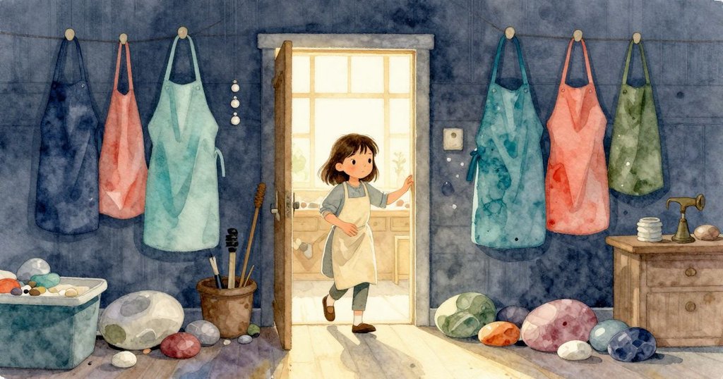 Rosa推門進入工作室，身旁懸掛圍裙，室內散落彩石，充滿溫暖光線和自然氛圍。