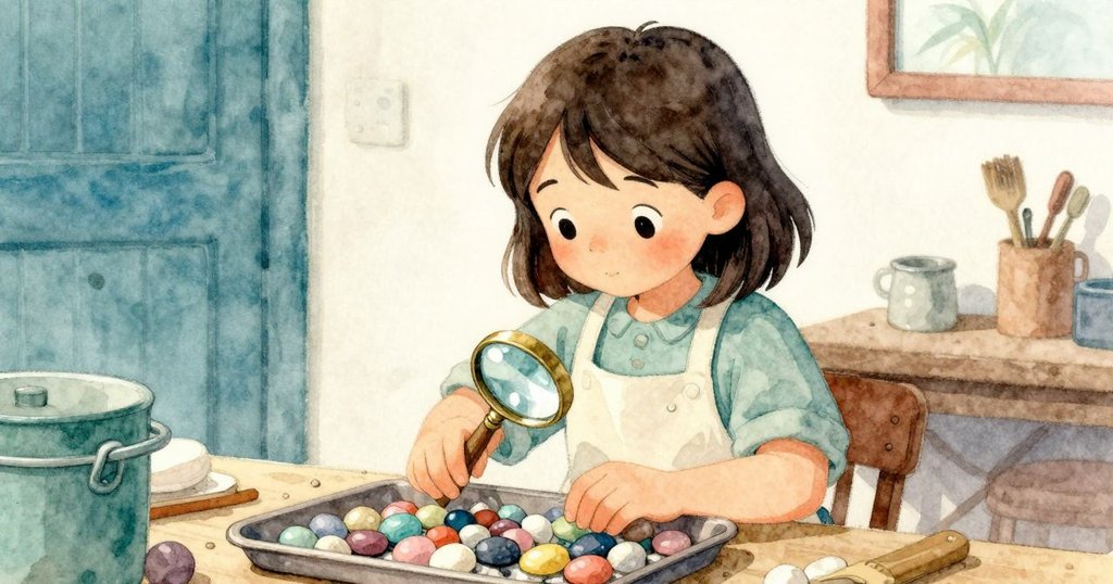 Rosa小心地將一塊塊狀物放在搖晃的托盤上，托盤旁銹銅放大鏡和各色石頭細節豐富，燈光溫暖。