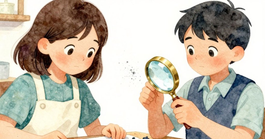 Rosa專注地用沙紙清理放大鏡，手指上附著灰色微粒，鏡片逐漸變清晰，細節豐富呈現。