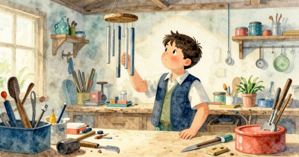 工作室內各種工具和雜物錯落有致，打開的窗戶送來微風搖動風鈴，Cedric在背景中輕吟，氛圍和諧。