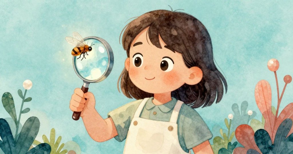 Rosa驚喜凝視放大鏡下的卵形物和懸浮細緻昆蟲，溫暖光芒中展現神奇瞬間，情感細膩流露。