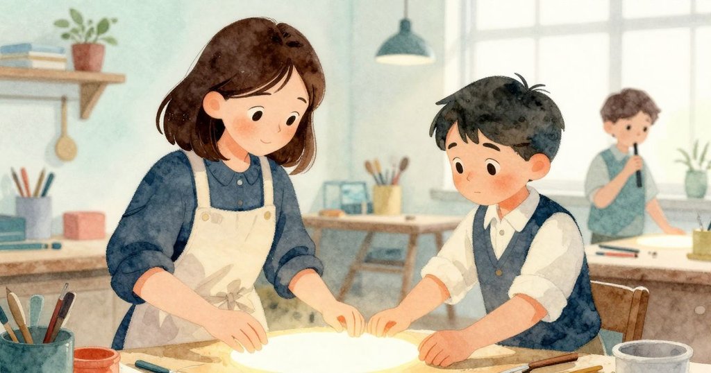 Rosa將發光卵形物輕放於凳上，空間重新寬敞清晰，背景中Cedric輕輕吹哨，整體氛圍溫柔平靜。