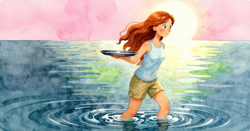 Zelma在淺水中移動,手持木盤裝有珊瑚和紅色貝殼,斜角取景,表情專注,背景海面閃爍著光芒