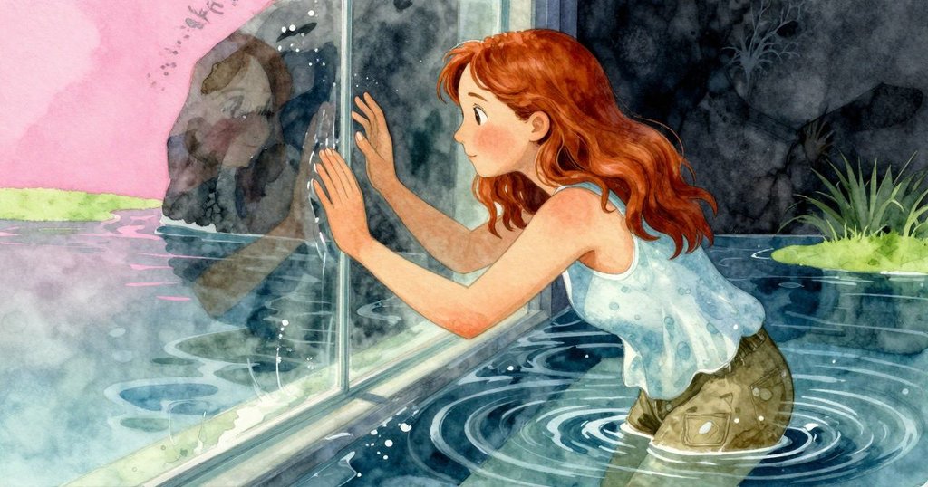 Zelma專注用手擦拭玻璃觀景器,盤中海碎細節微顯,水面泛著柔和光線,表情充滿好奇