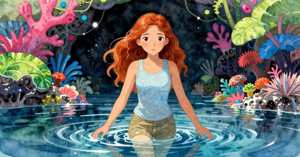 Zelma低角度持觀景器,目光堅定朝向發光珊瑚石灰岩背景,水中魚群穿梭,展現探索決心