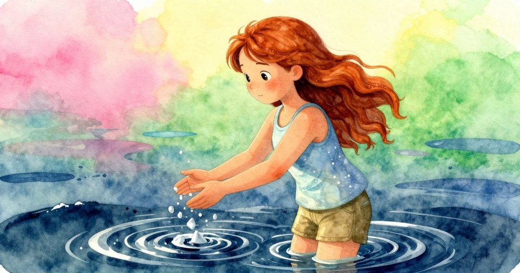 Zelma溫柔將盤中珊瑚與石子歸還大海,水面漣漪蕩漾,唯獨紅色貝殼獨處,氣氛寧靜而溫暖