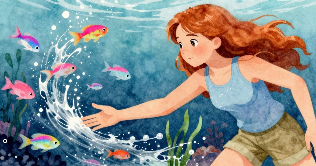 Zelma將觀景器放於沙邊,手指輕觸水面,一條小魚飛快掠過其影子,動感中透露寧靜