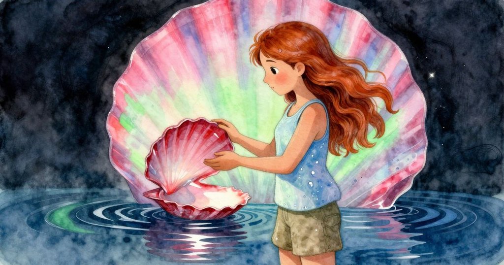 Zelma站在水邊,靜看盤中旋轉的紅色貝殼,柔和夕光灑落,表情平和而沉穩,故事達到結局