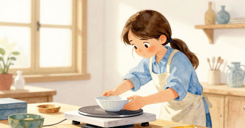 Waverly在工作室以傾斜角度輕觸漆器碗,展現專注神情,窗外柔和光線映入,場景充滿神秘氣氛