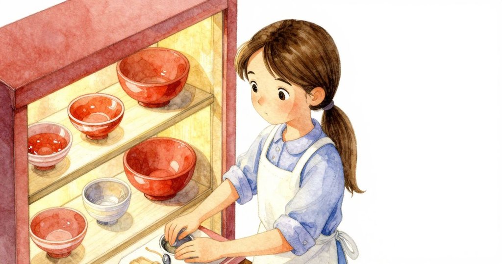 從高處俯視工作室,展示固化櫃及閃耀漆碗,Waverly輕步其中,環境充滿溫暖與創作氛圍