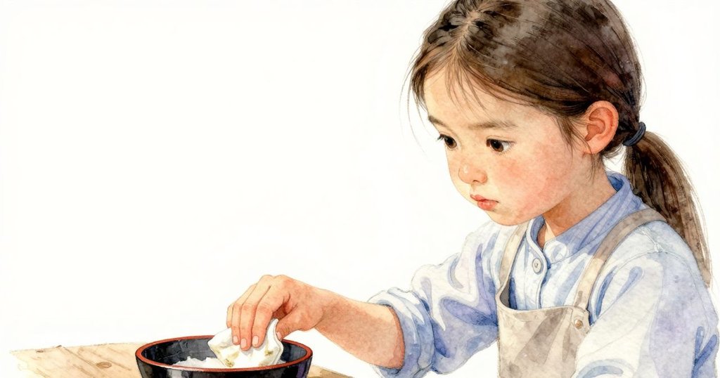 Waverly注視旁放的破邊棉墊與漆碗,神情深思,光影柔和,場面散發慎重與期待氛圍