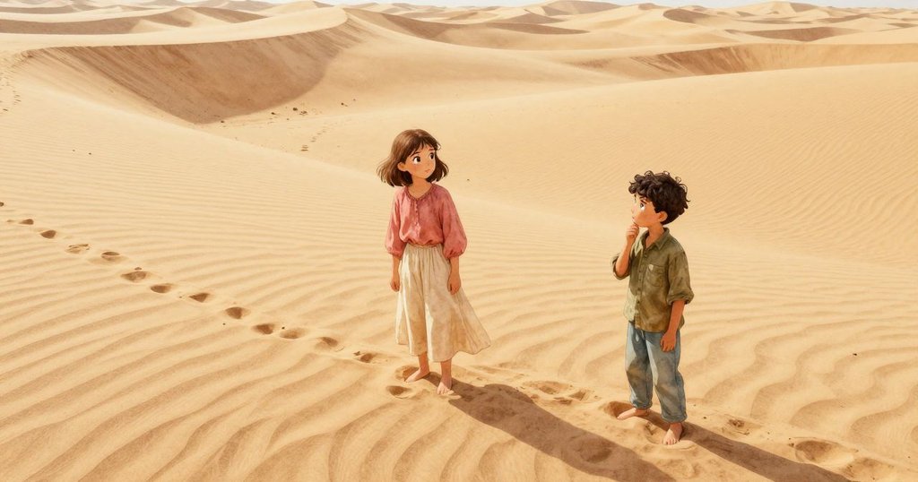 從鳥瞰角度看寬廣沙丘，六月和邁爾在溫暖光線下探索沙坡，神秘半印留在連綿沙浪中。