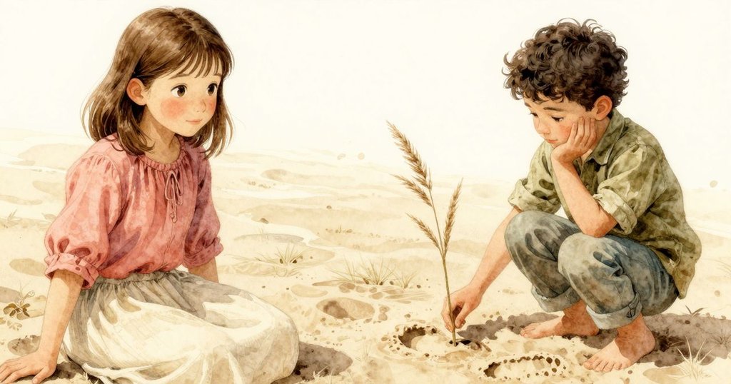 邁爾的手細膩握著細長蘆葦，輕放於半印旁，陽光灑落在細緻砂粒上展現求知與好奇。