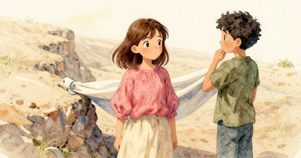 從背後觀察，六月展開破舊布條橫越沙裂縫，與邁爾默契互動，彰顯探索與合作精神。