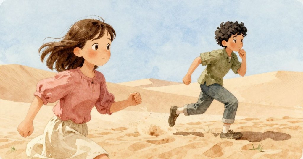 六月歡笑奔向新沙丘，邁爾緊追其後，動感腳印隨著沙粒舞動，充滿朝氣與活力。