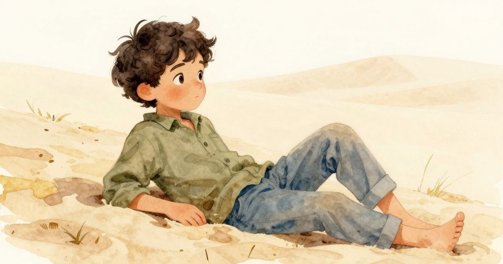 邁爾於靜謐沙丘旁凝思，輕按蘆葦記號於新砂中，溫柔光影下展現平靜與深思。