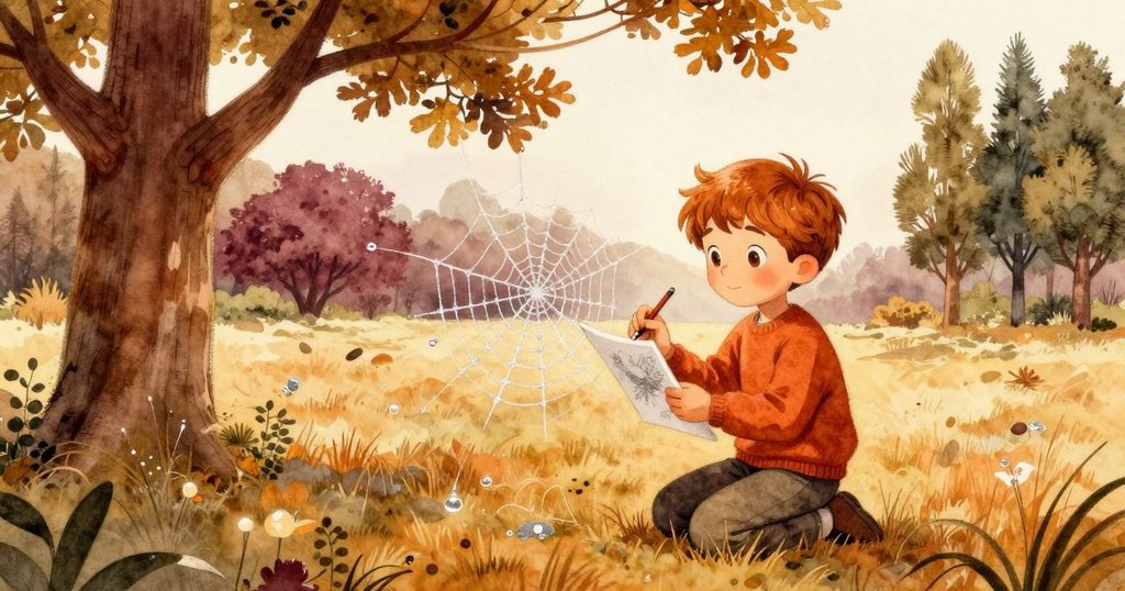 男孩在晨霧中蹲於露珠閃亮的蜘蛛網旁用心素描,展現故事開始與探索初期的情感