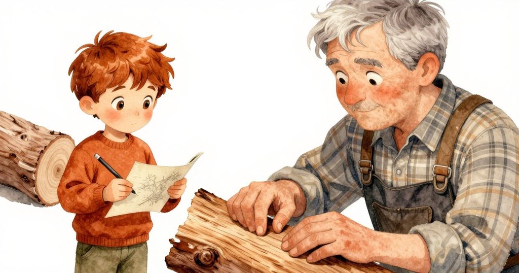 男孩溫柔觸碰雪松柱上獨特的木紋,細緻描繪自然質感與早晨涼意,呈現情節發展中的細節觀察