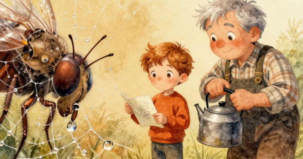 從微小生物視角凝視閃耀露珠,透視出蜘蛛網上自然螺旋結構,呈現故事發展中細膩的發現