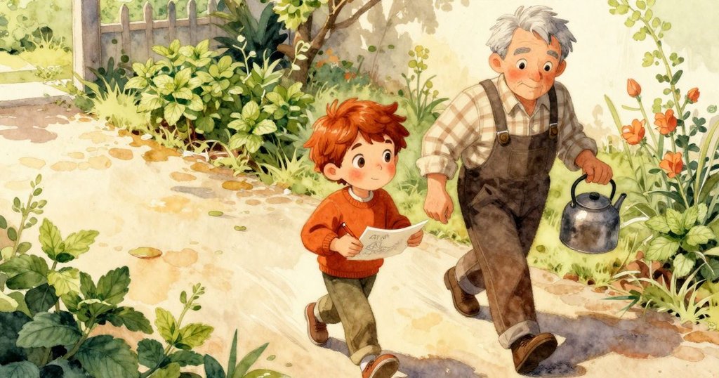 從高處俯瞰看見照料者與男孩沿花園小徑前行,周遭薄荷叢生,展現故事發展中的溫暖意境