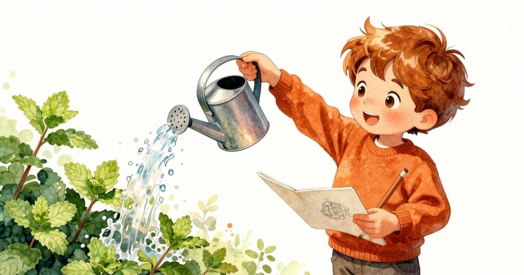 男孩在薄荷花園中活力澆水,水花飛濺映出晨光,呈現故事高潮中的動感與活力