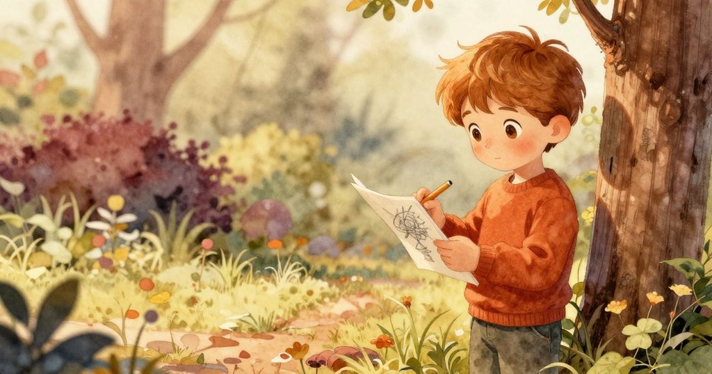 男孩於雪松柱旁滿意檢視完成的素描,背後蜘蛛網柔和消退,呈現故事結局中的沉思與安心