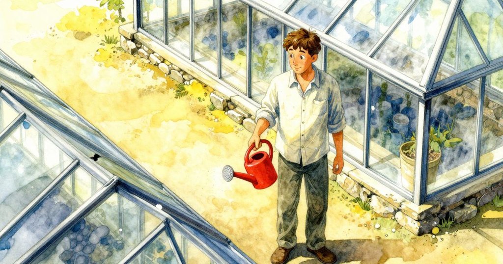 艾弗瑞特在溫室中進行澆水作業，鳥瞰圖呈現石板路、玻璃窗及整齊排列的幼苗，充滿早晨寧靜。