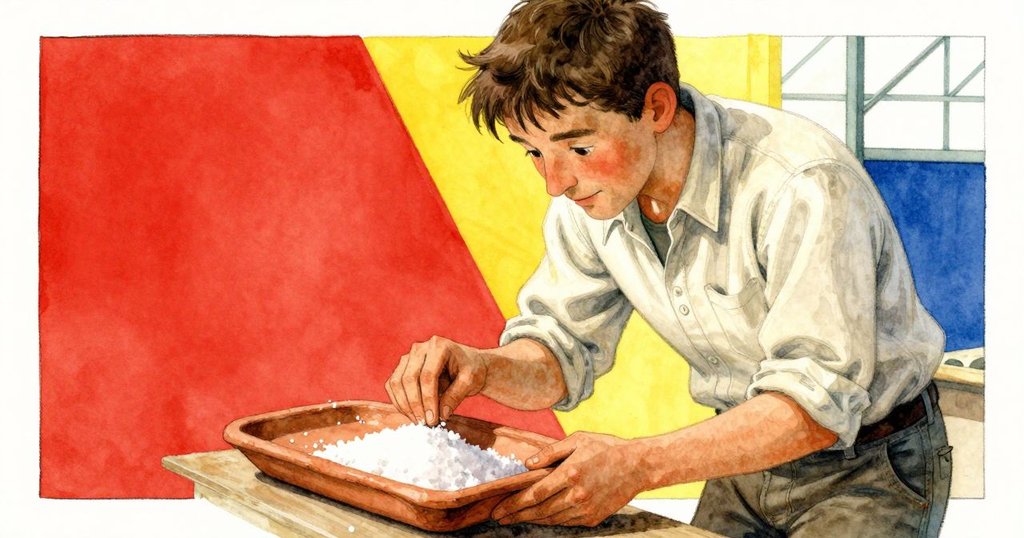 艾弗瑞特仔細觀察泥盤上乾鹽的光澤，細節豐富，溫室柔和光線中流露歷史痕跡。