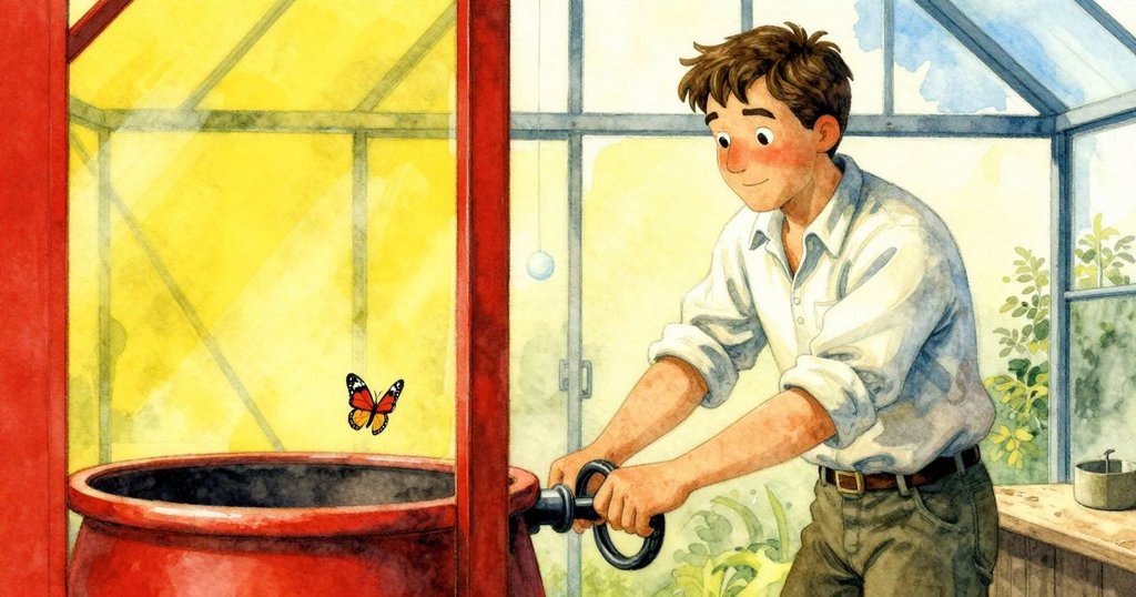 艾弗瑞特轉動通風旋鈕，另一側蝴蝶因急冷空氣在花盆邊驚飛，分畫面同時呈現動靜交替。