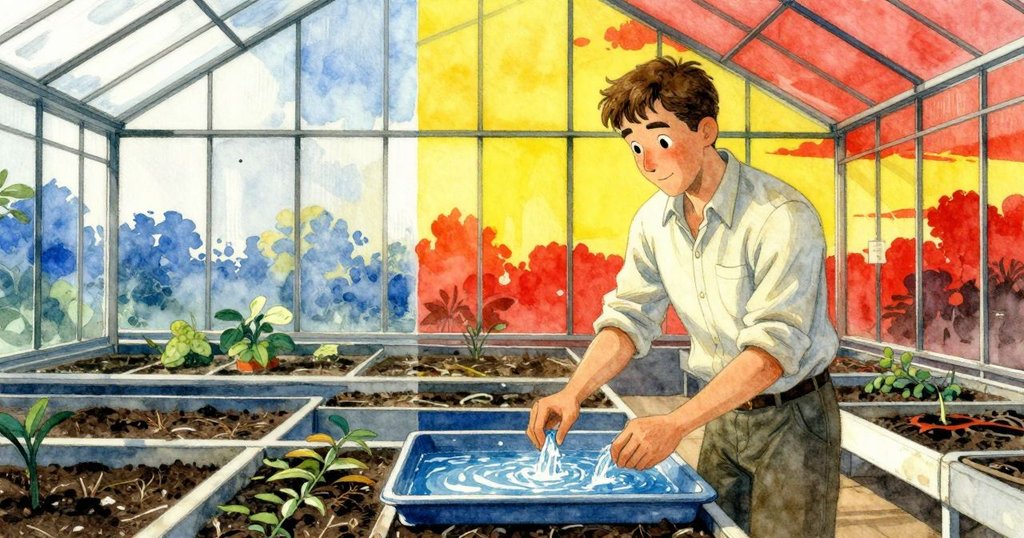 艾弗瑞特引導水流入泥盤，畫面一側為清晨涼意，另一側展現夕陽柔光，時空交錯各有風貌。