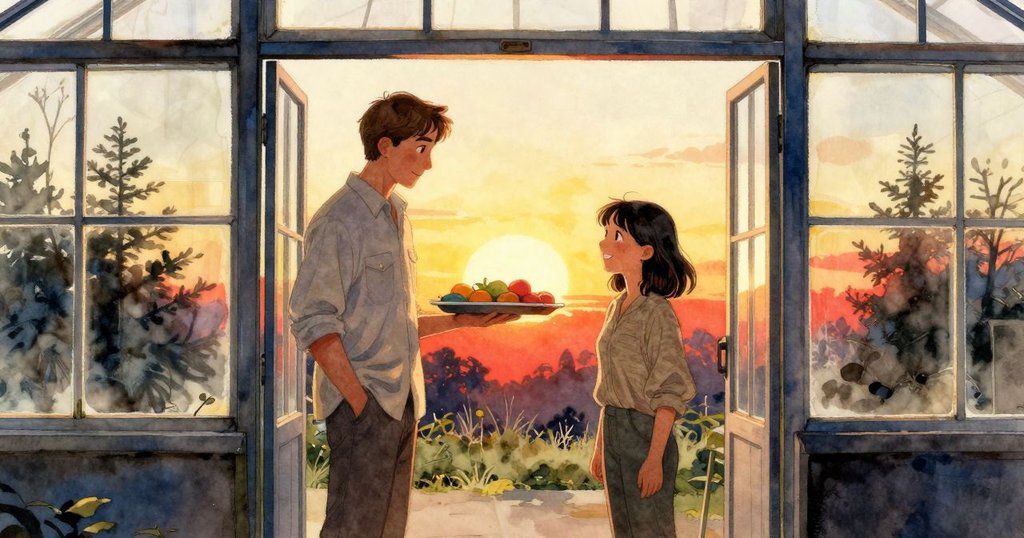 艾弗瑞特與內莎在溫室門口互動，夕陽映照下泥盤溢水滋潤植物，畫面充滿溫馨與感激結局。