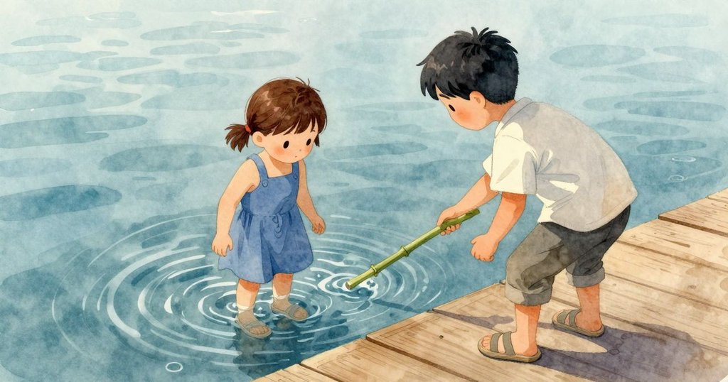 Waverly在木質登陸台上觀看導師用竹棍在水面上描繪圖案,眼神充滿驚奇,背景顯示淺水與海岸風光