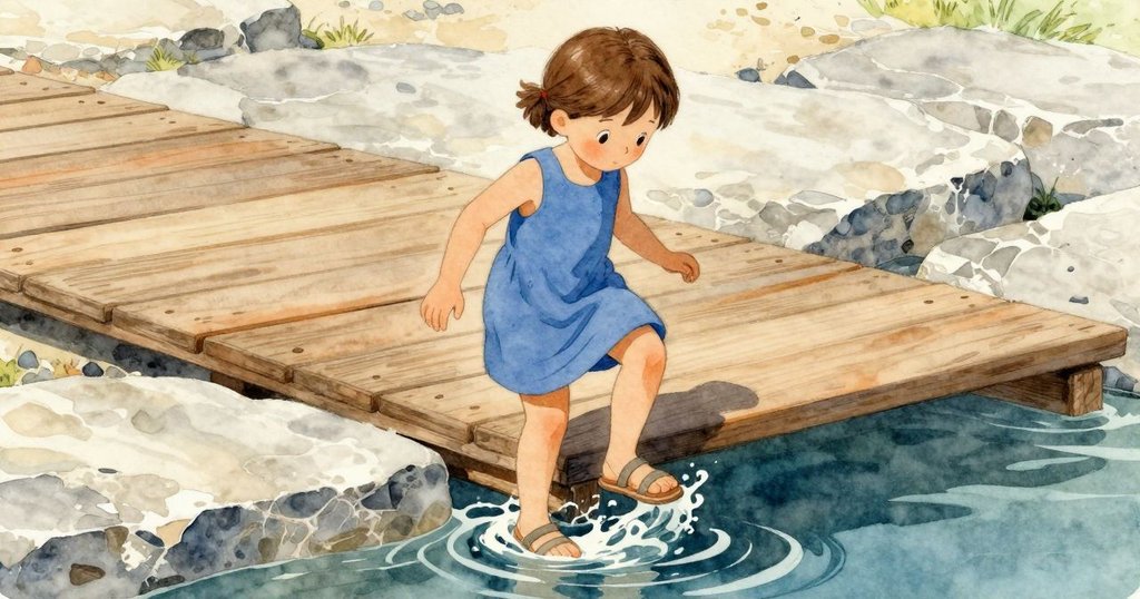 Waverly踏出木質登陸台,水波輕拂腳踝,朝向石灰岩平台前進,環境光線明亮且質感豐富