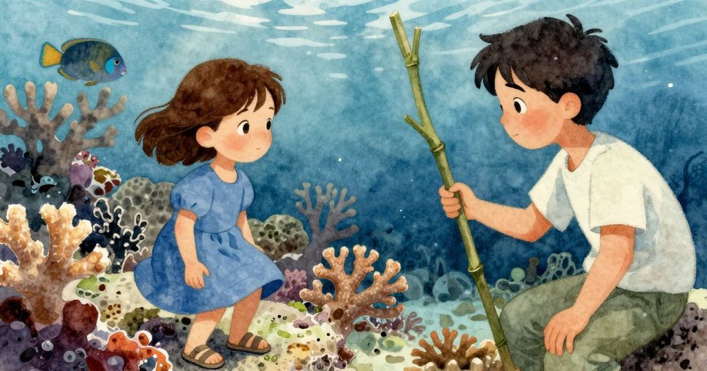 水下景象展現分支珊瑚與啃食的鸚鵡魚,透過濾光映出溫暖與青藍交織的海底生態,同時隱約見到畫具