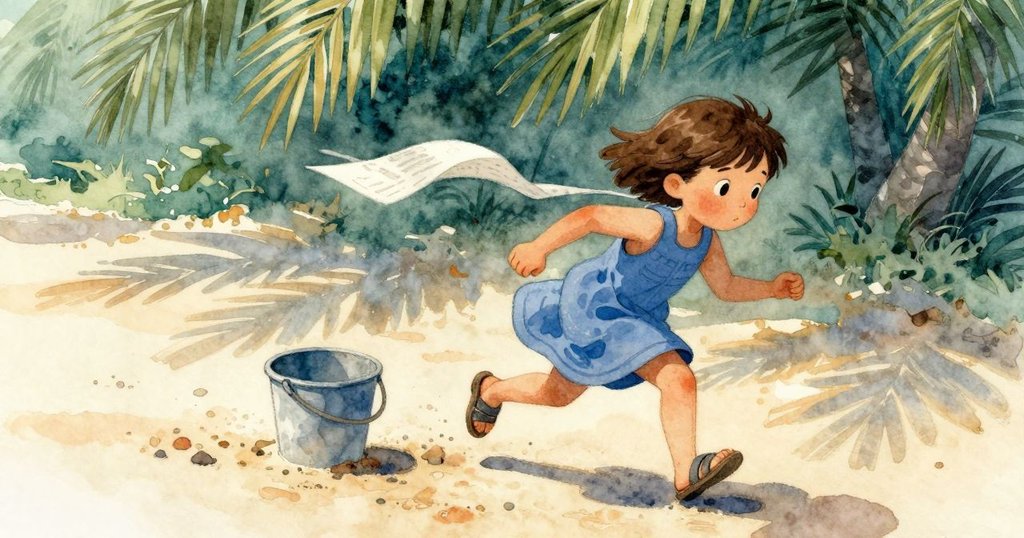 突來寒風將散落的紙頁捲向半埋水桶,Waverly急速追逐,腳印與棕櫚隨風搖曳,展現轉變的瞬間