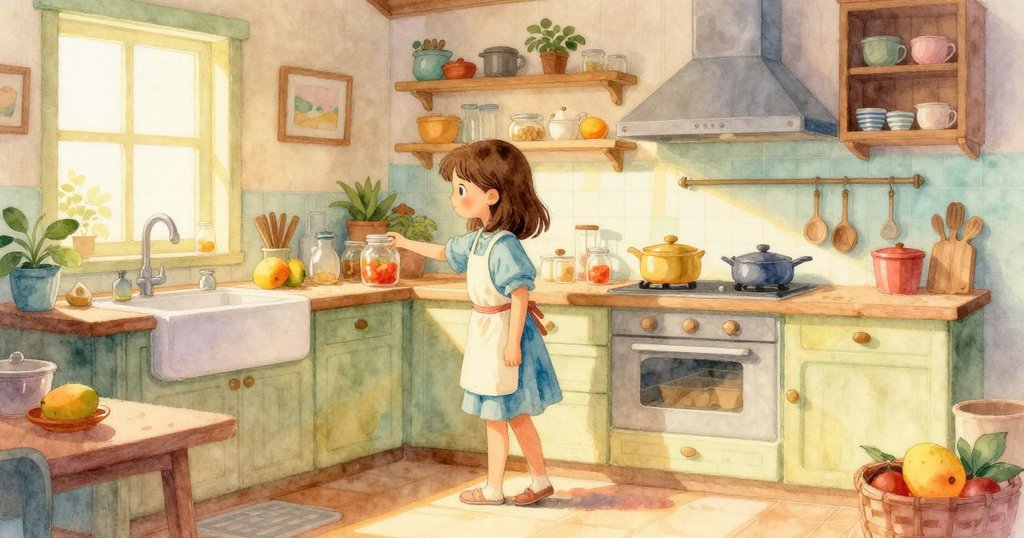 瑪倫走進溫暖廚房，面帶期待，靠近角落中沐浴晨光的玻璃罐，充滿溫馨與希望