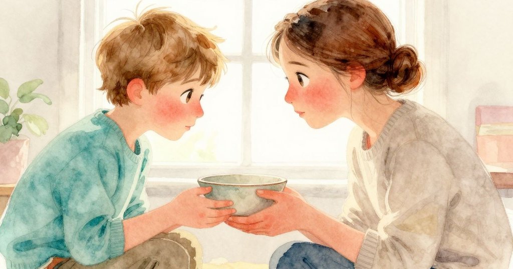 菲伊透過窗戶溫柔看著瑪倫，手持裂痕陶瓷碗，背景中廚房光影映襯出細膩情感