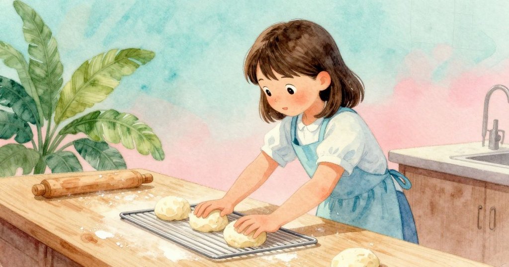 瑪倫動作敏捷地移動冷卻架，保護麵糰免於過熱，廚房中溫暖光影襯托下展現專注神情