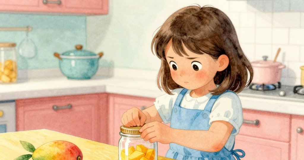 瑪倫努力轉動堅硬的玻璃罐蓋，手部緊握並表現專注與輕微焦慮，鏡頭近距離捕捉情感細節